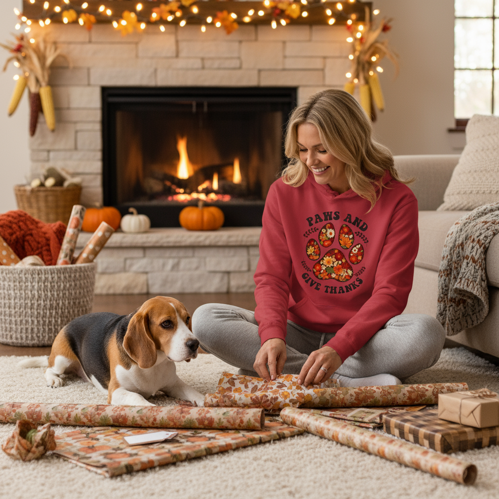 Red Paws and Give Thanks Hoodie Thanksgiving Lifestyle - New Version