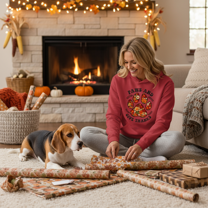 Red Paws and Give Thanks Hoodie Thanksgiving Lifestyle - New Version