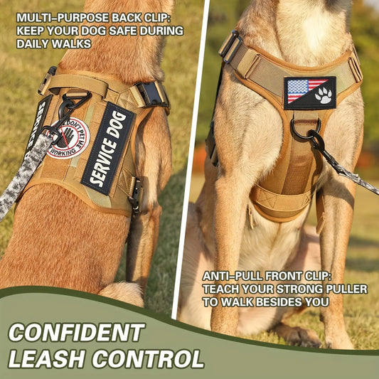 Wefulfil Reflective Service Dog Vest in tan with multi-purpose back clip and anti-pull front clip for leash control