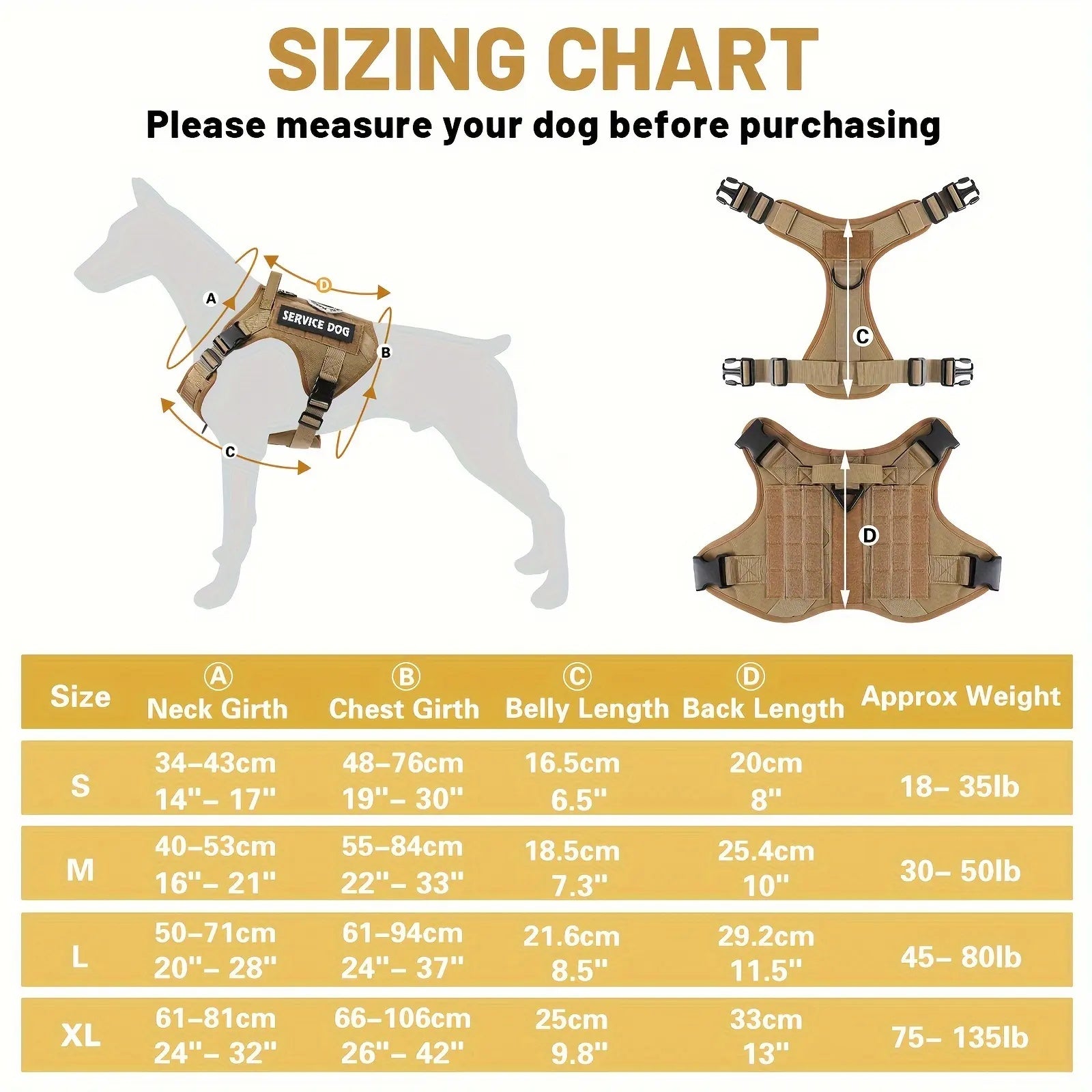 Wefulfil sizing chart for Reflective Service Dog Vest showing measurements for neck girth chest girth belly length and back length