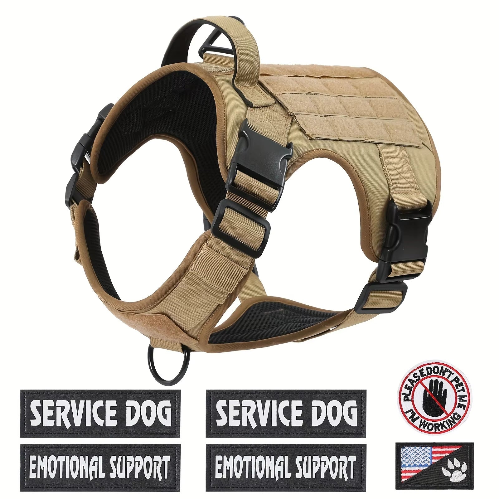 Wefulfil Reflective Service Dog Vest in tan with adjustable straps and removable service dog patches