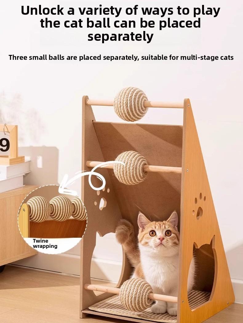 Wefulfil Scratching Board Tower with three twine-wrapped balls and wooden frame for cats