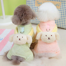 Two small dogs wearing Small Dog Fluffy Four Legs Jumper in pastel green and pink with cute dog face design