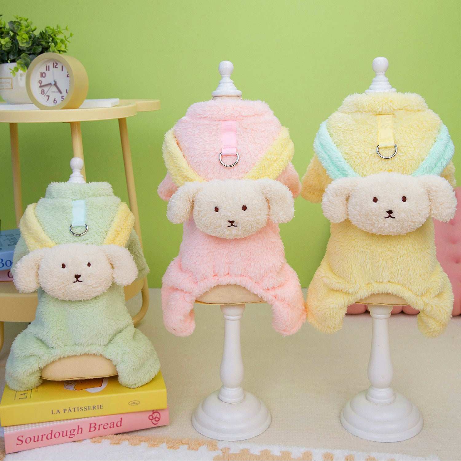 Three Small Dog Fluffy Four Legs Jumpers in pastel colors with cute dog face design for small pets