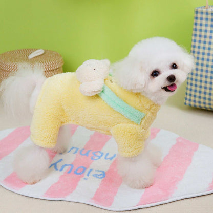 Small Dog Fluffy Four Legs Jumper in yellow with cute bear design for cozy pet wear
