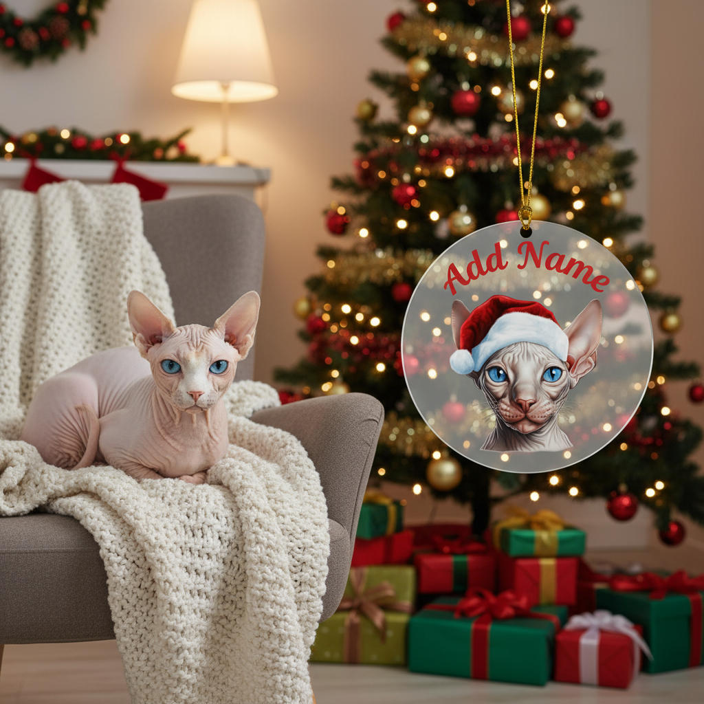 Sphynx cat ornament Christmas scene