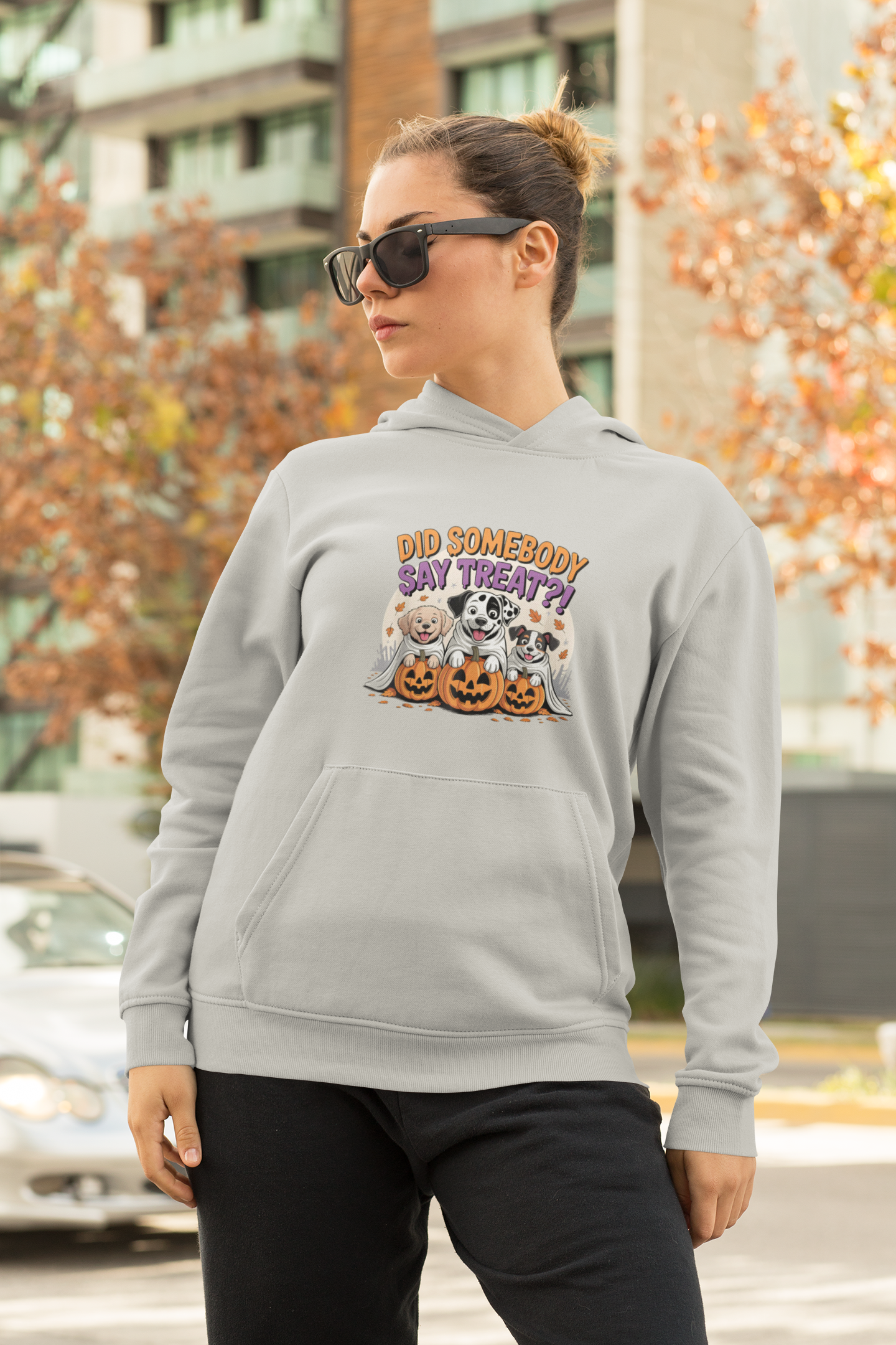 Halloween Dog Sweatshirt light gray hoodie with three dogs and jack o lantern pumpkins printed on front