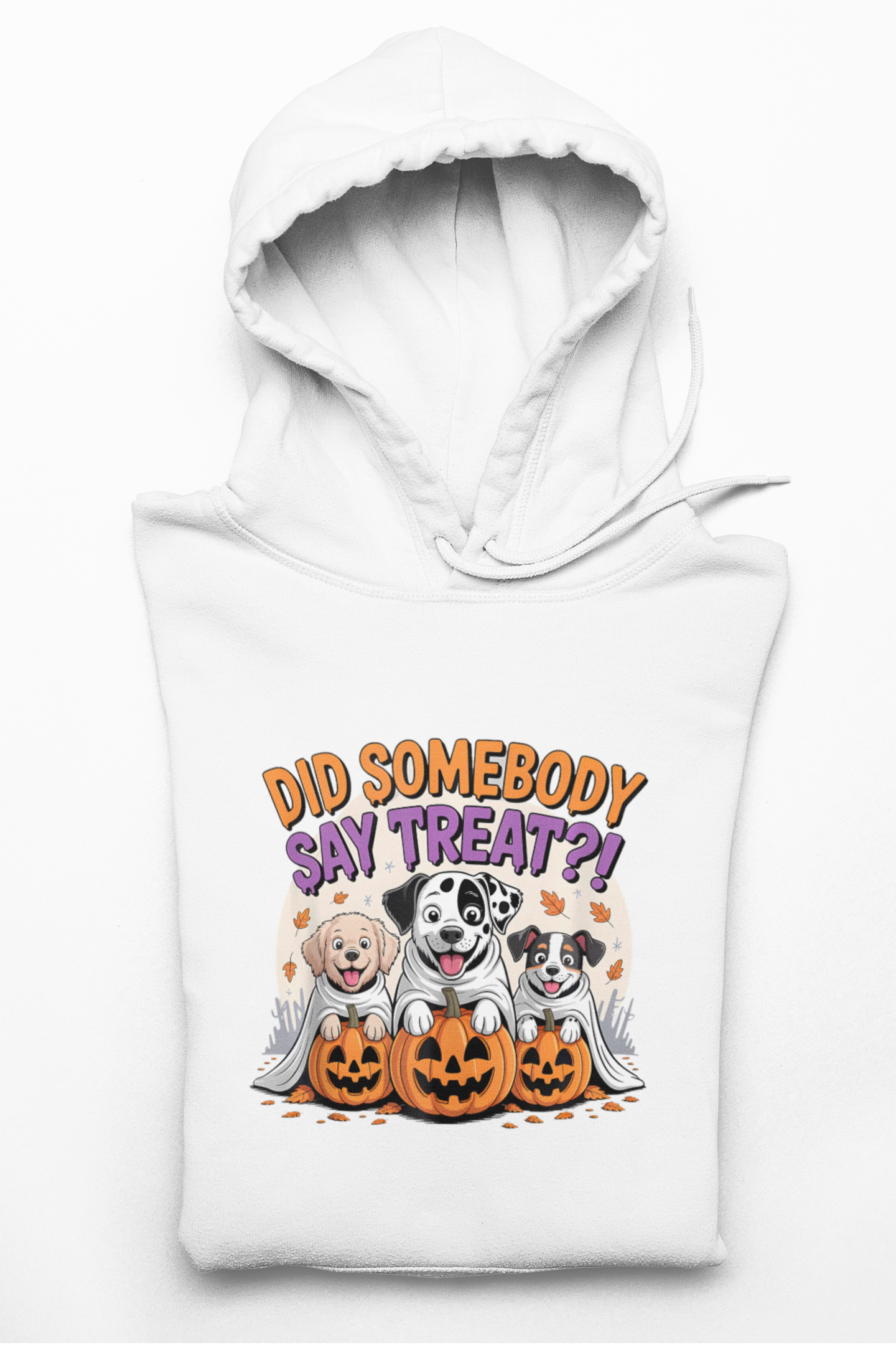 Printify white hoodie with three dogs and carved pumpkins saying Did somebody say treat, Halloween Dog Sweatshirt