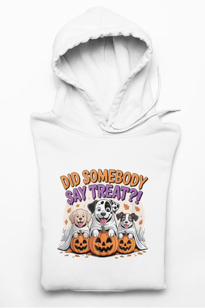 Printify white hoodie with three dogs and carved pumpkins saying Did somebody say treat, Halloween Dog Sweatshirt