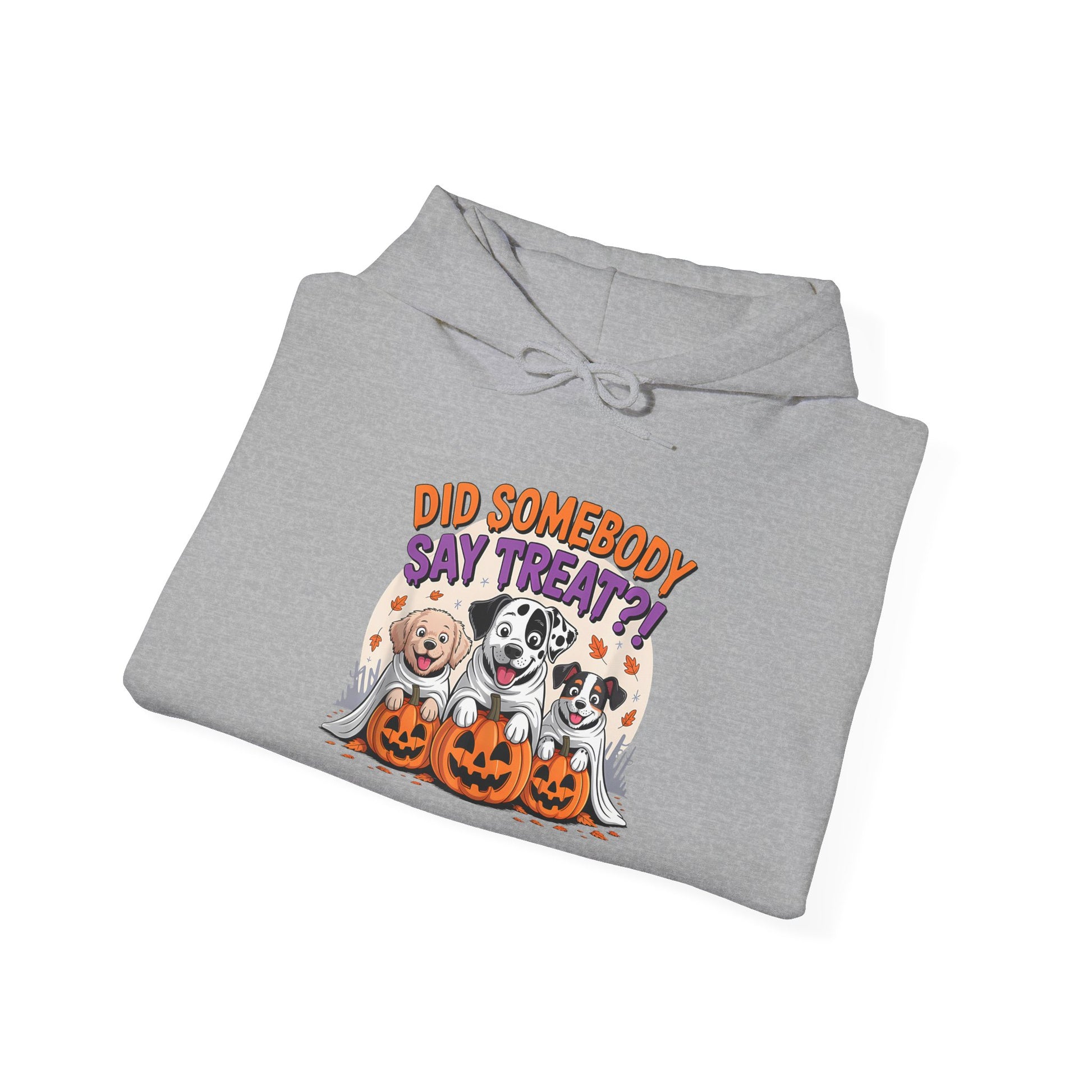Printify gray hoodie featuring Halloween Dog Sweatshirt design with three ghost dogs and carved jack o lanterns