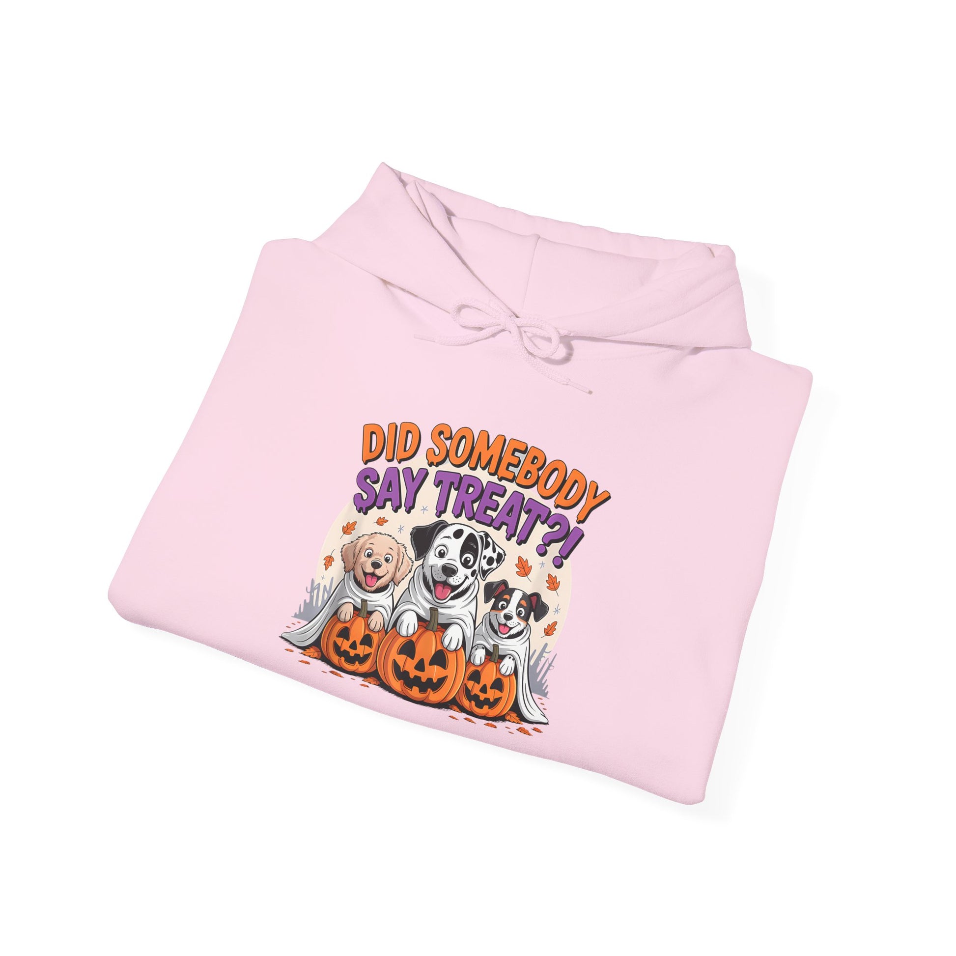 Printify pink hoodie with Halloween Dog Sweatshirt design featuring three cartoon dogs and pumpkins