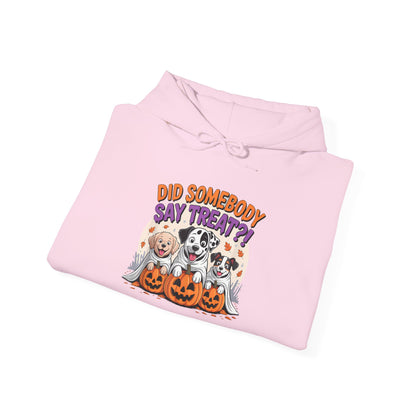 Printify pink hoodie with Halloween Dog Sweatshirt design featuring three cartoon dogs and pumpkins