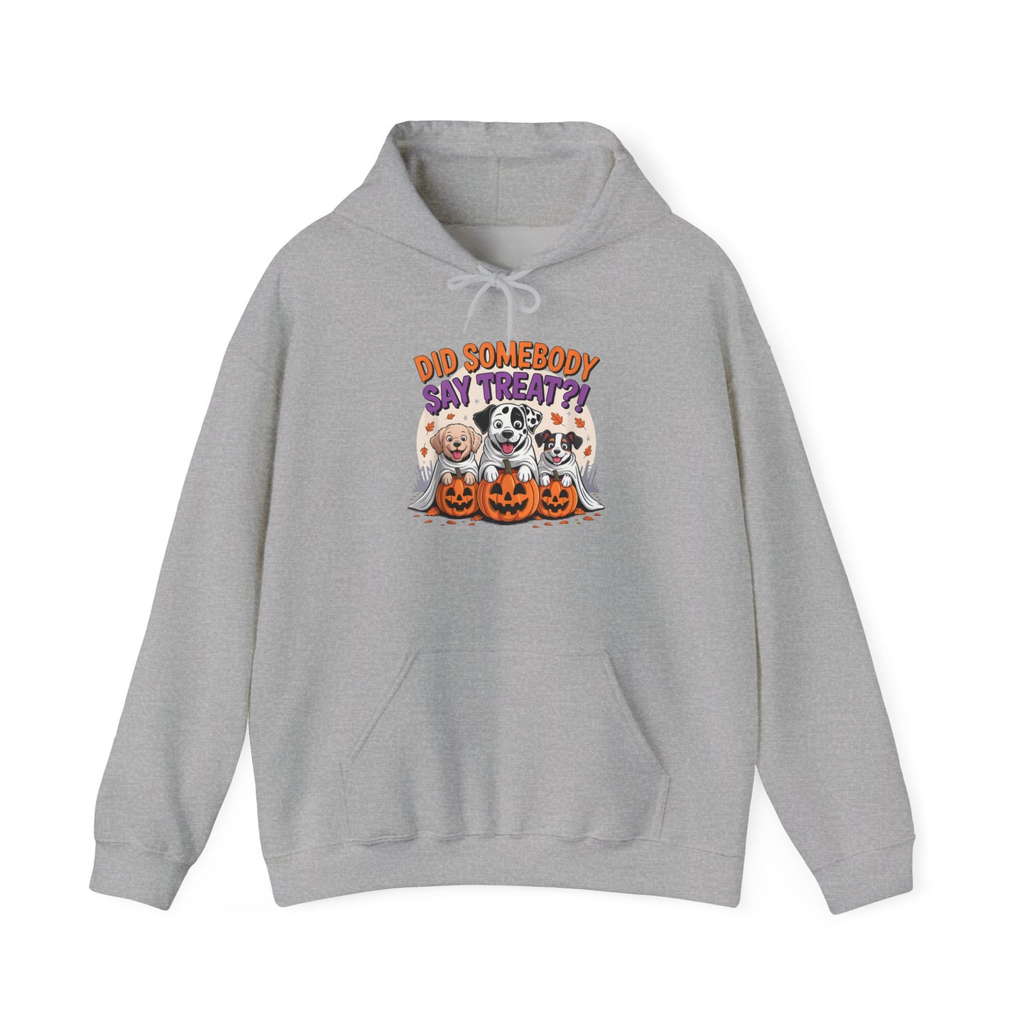Printify gray hoodie with Halloween Dog Sweatshirt design featuring three dogs in ghost costumes and pumpkins