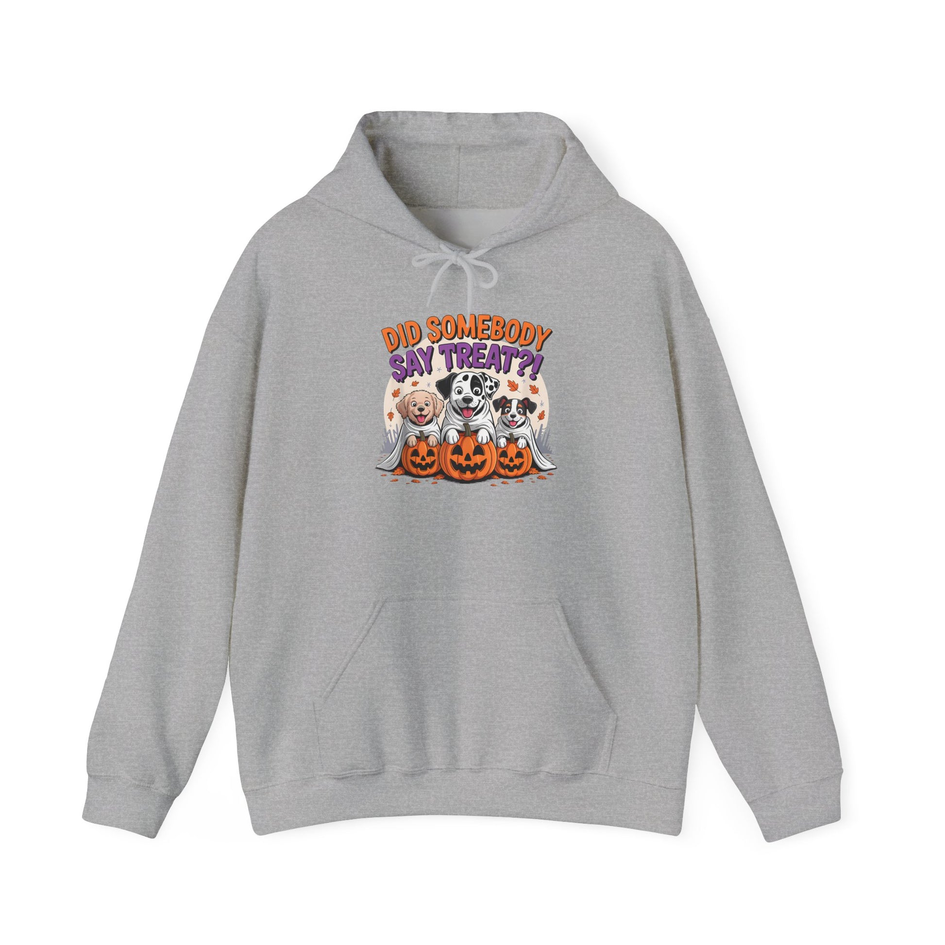 Printify gray hoodie with Halloween Dog Sweatshirt design featuring three dogs in ghost costumes and pumpkins