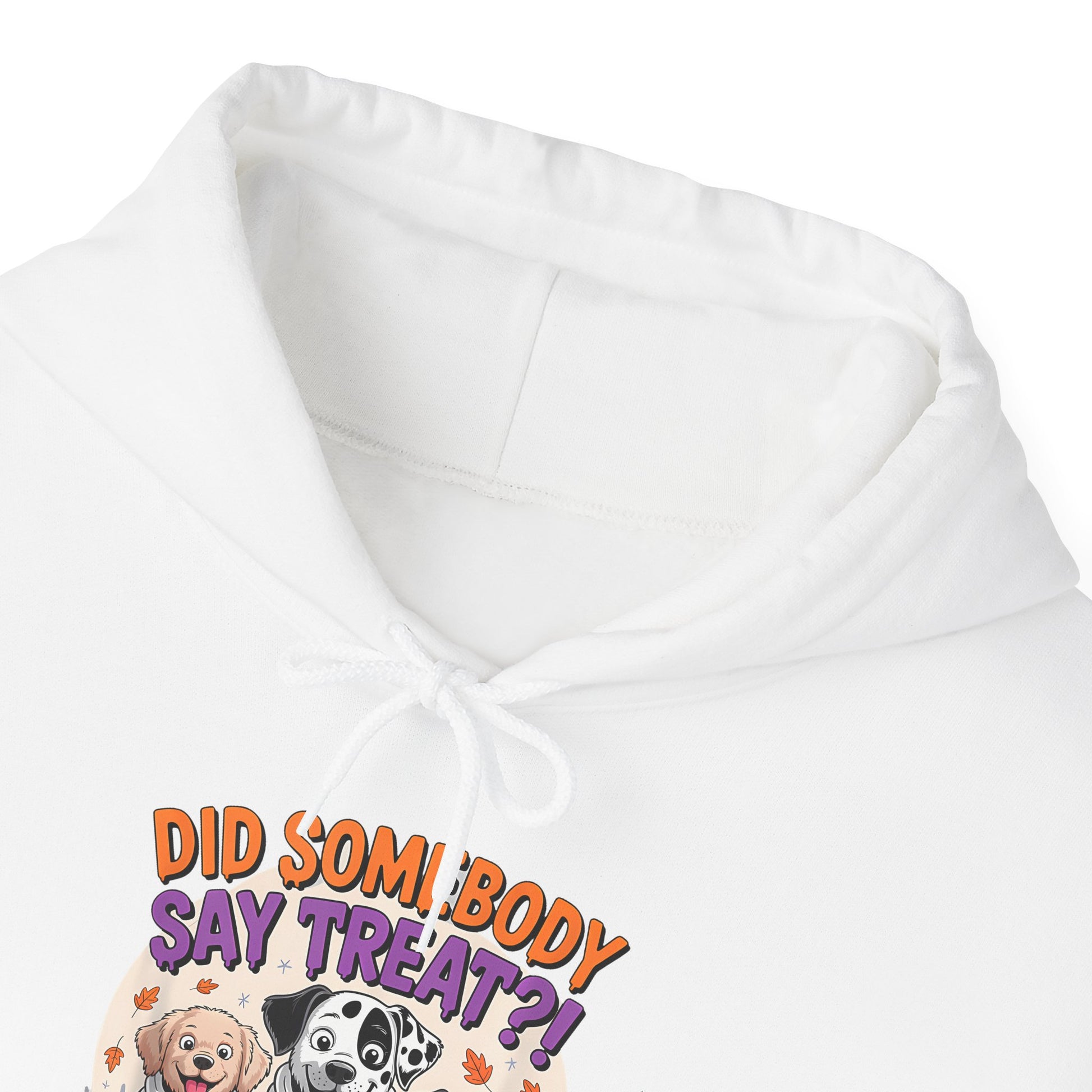 White Printify hoodie with Halloween Dog Sweatshirt design showing cartoon dogs and Did somebody say treat text