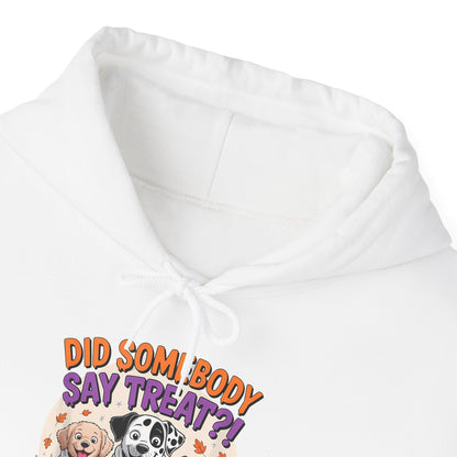 White Printify hoodie with Halloween Dog Sweatshirt design showing cartoon dogs and Did somebody say treat text