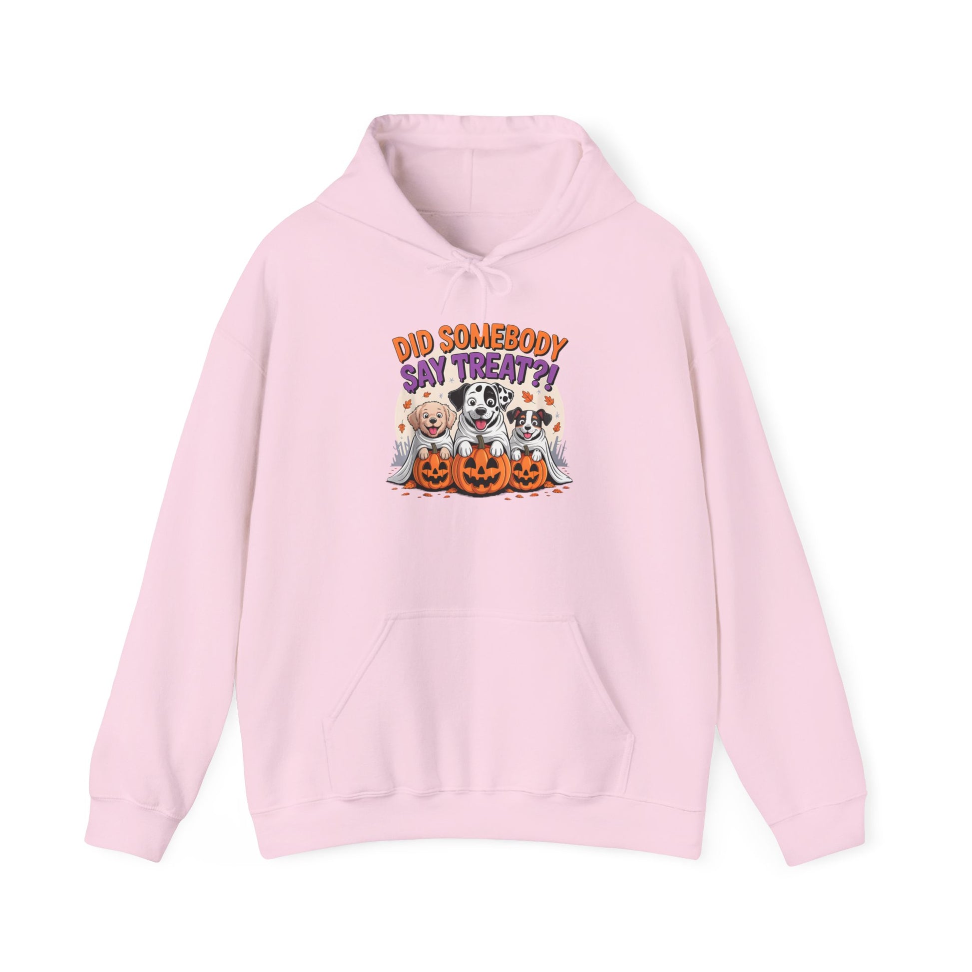 Printify pink hoodie with smiling dogs and jack o lanterns design and text Did Somebody Say Treat Halloween Dog Sweatshirt