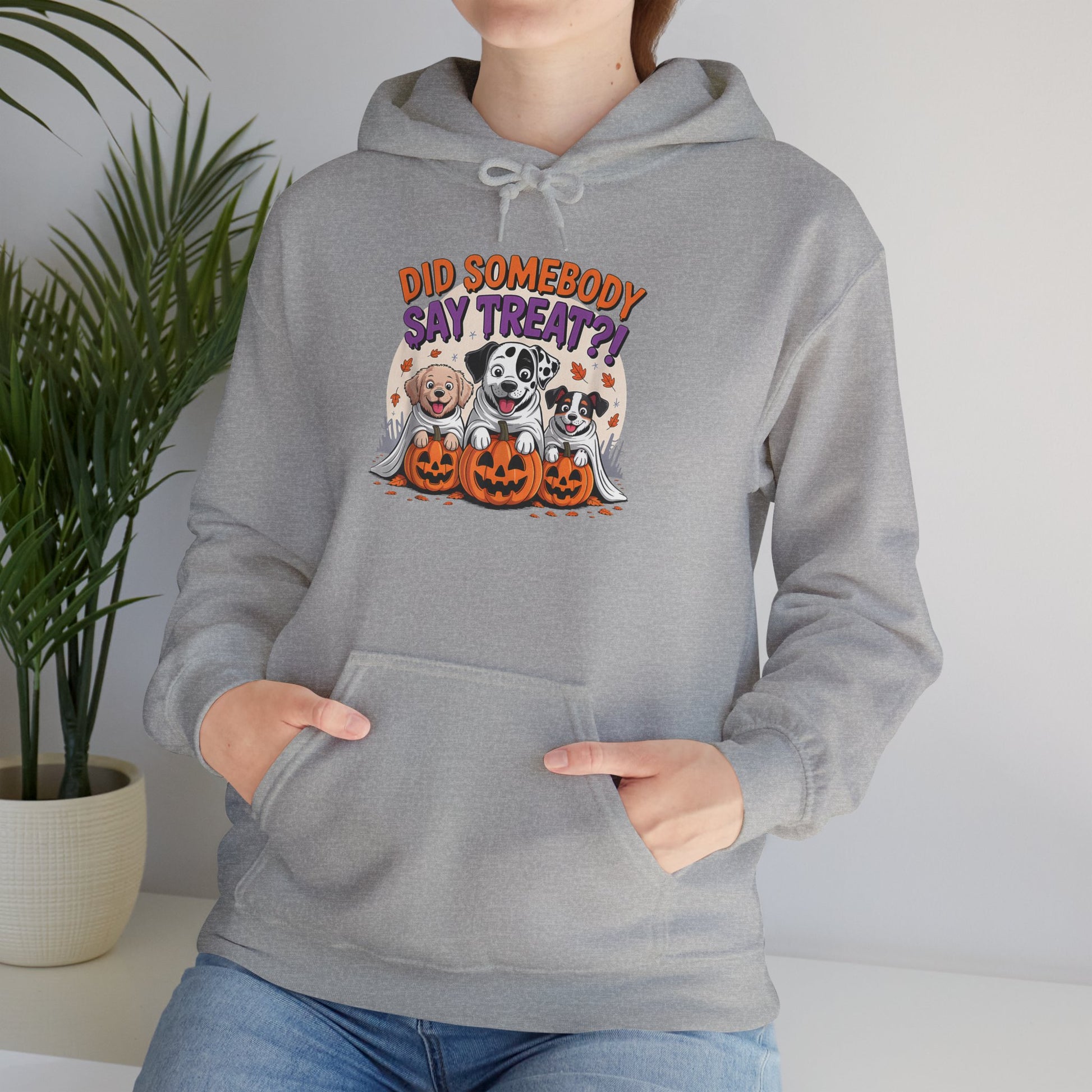 Printify grey hoodie featuring Halloween Dog Sweatshirt design three dogs in ghost costumes with jack o lanterns
