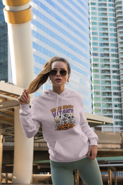 Printify hoodie with Halloween Dog Sweatshirt design worn by woman in urban setting showing dog and pumpkin art