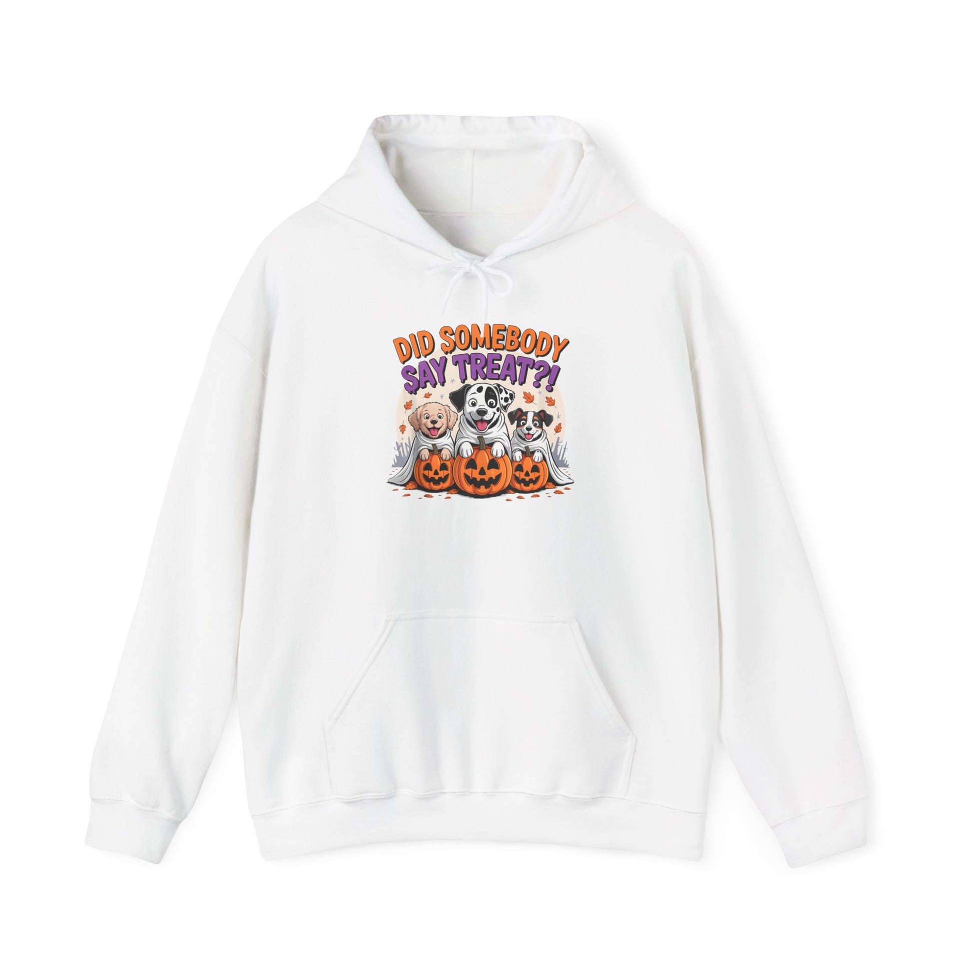Printify white hoodie featuring Halloween Dog Sweatshirt design with three dogs and jack o lanterns