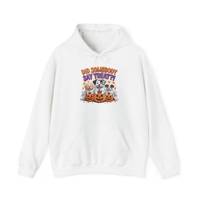 Printify white hoodie featuring Halloween Dog Sweatshirt design with three dogs and jack o lanterns