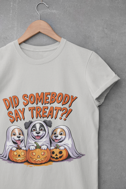 Spooky Halloween Dog Tee white shirt on hanger showing three dogs as ghosts with carved pumpkins