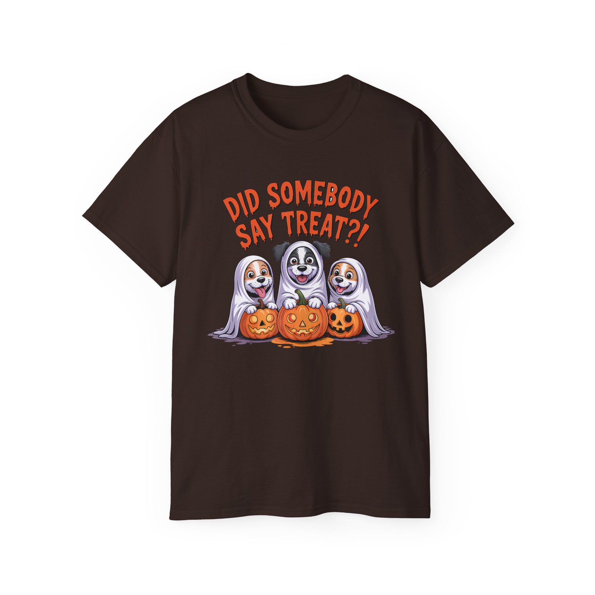Spooky Halloween Dog Tee brown shirt with three dogs in ghost costumes holding carved pumpkins and Did Somebody Say Treat text