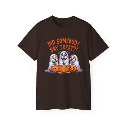 Spooky Halloween Dog Tee brown shirt with three dogs in ghost costumes holding carved pumpkins and Did Somebody Say Treat text