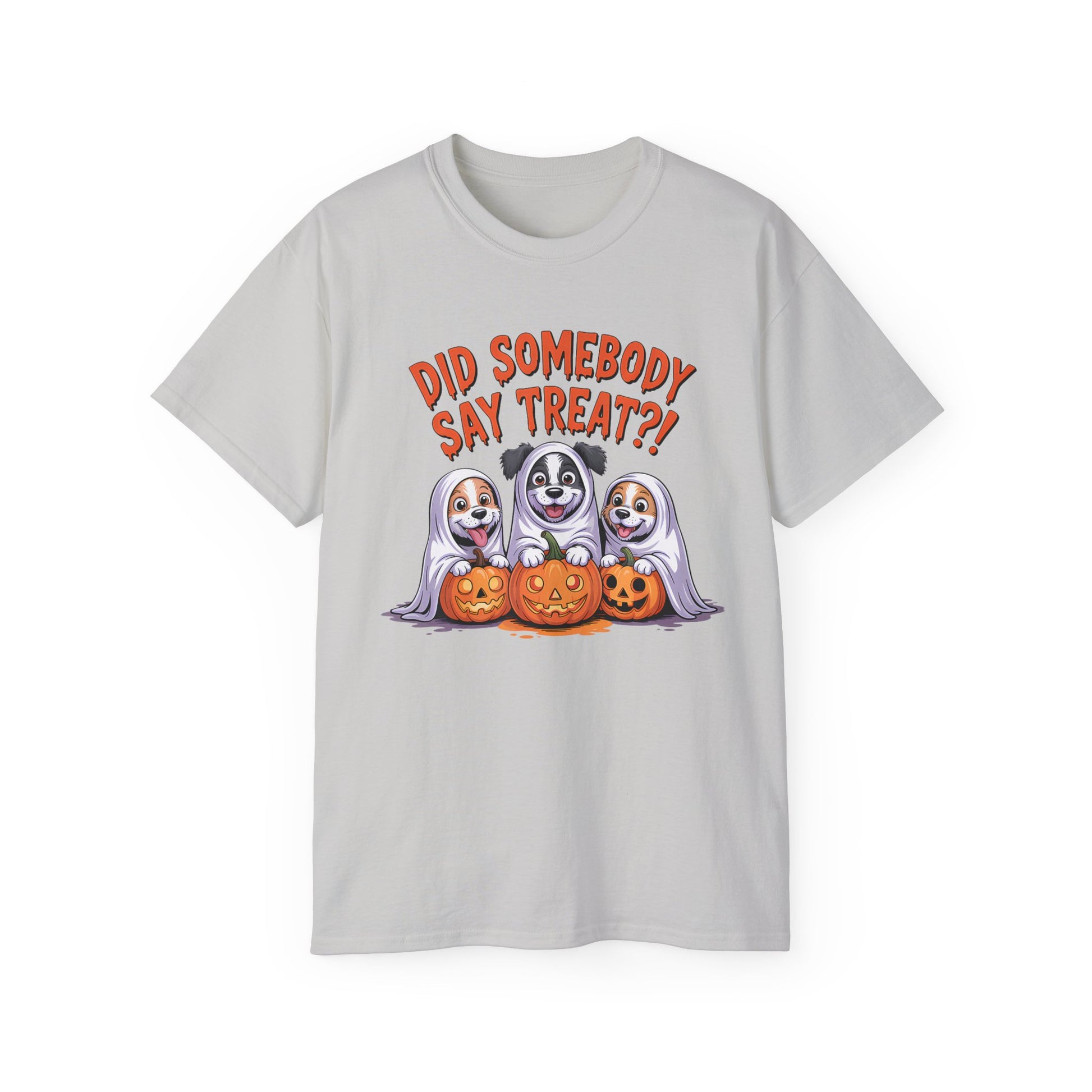 Spooky Halloween Dog Tee white shirt with three dogs in ghost costumes and carved pumpkins for trick or treating