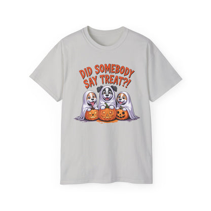 Spooky Halloween Dog Tee white shirt with three dogs in ghost costumes and carved pumpkins for trick or treating