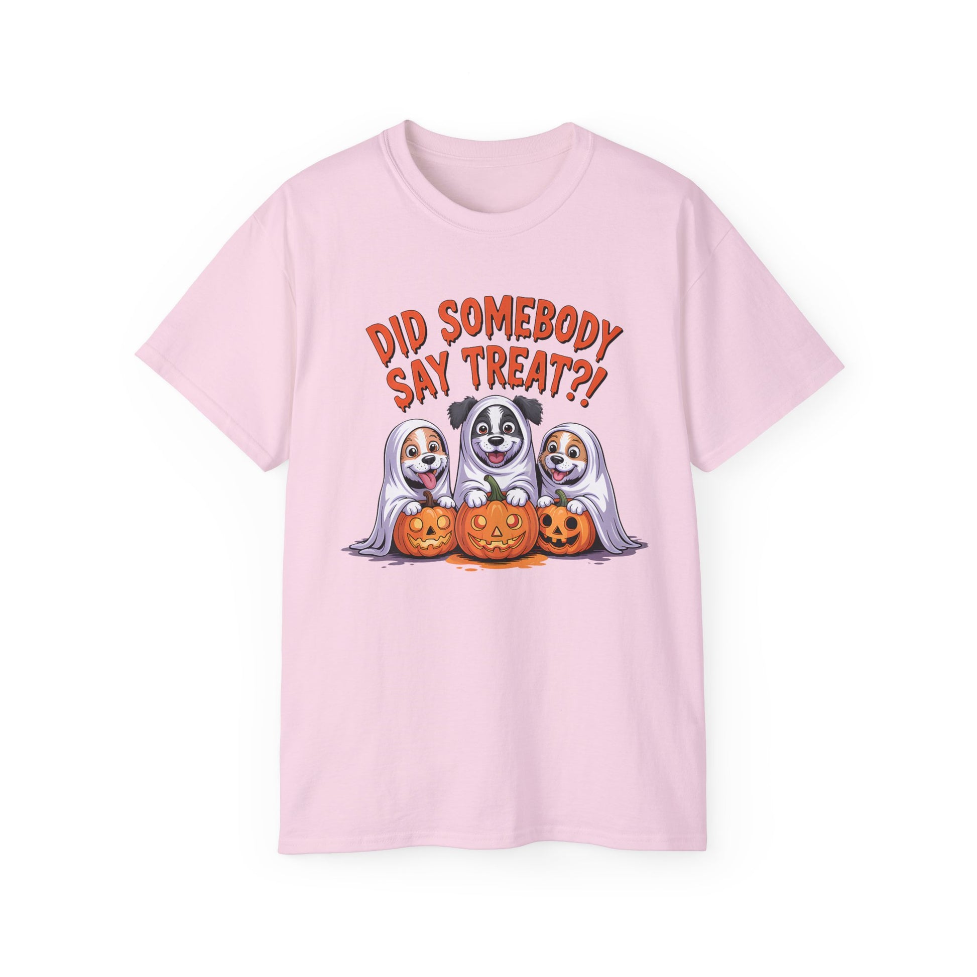 Spooky Halloween Dog Tee pink shirt showing three ghost dogs with carved pumpkins and Did Somebody Say Treat text