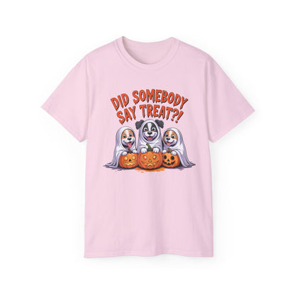 Spooky Halloween Dog Tee pink shirt showing three ghost dogs with carved pumpkins and Did Somebody Say Treat text