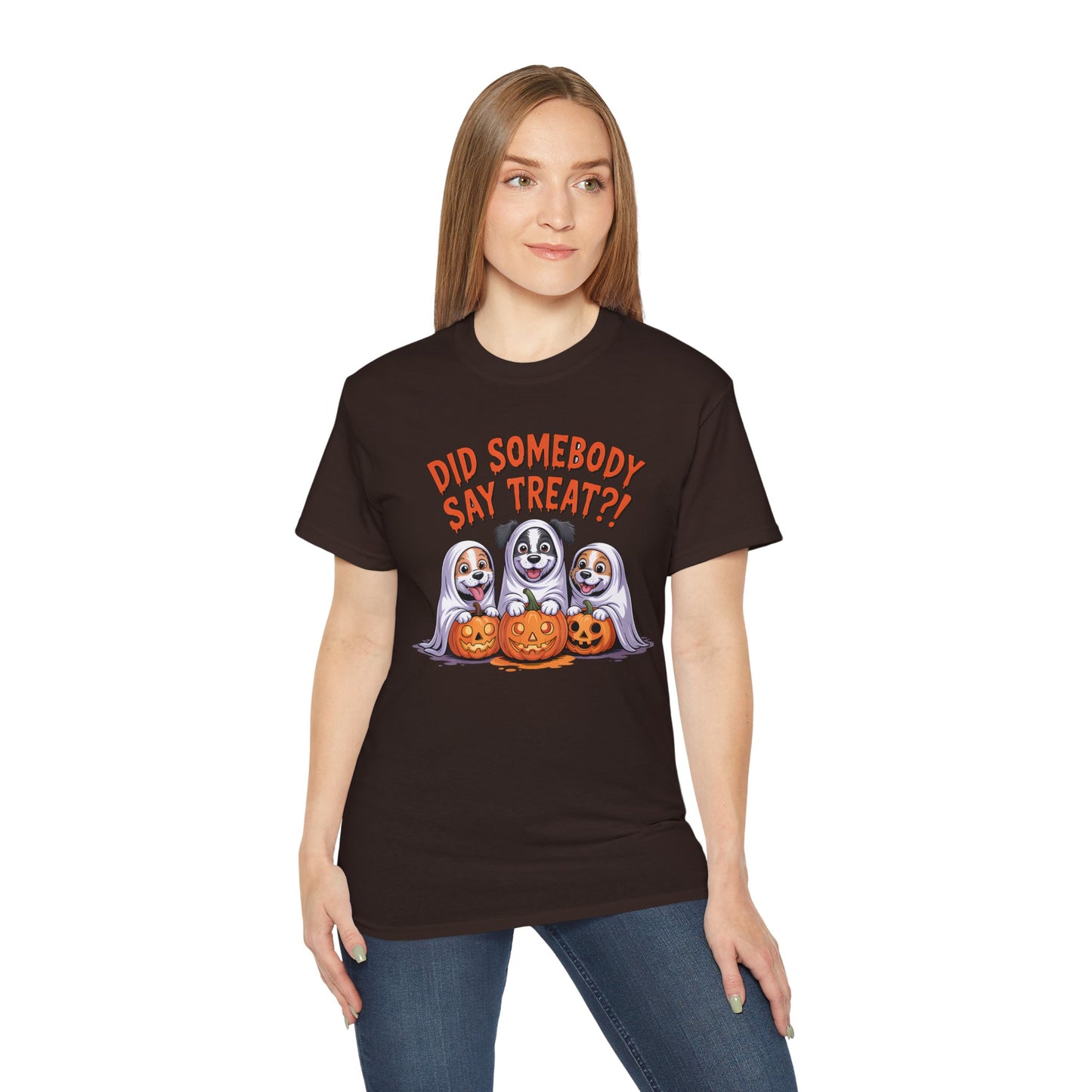 Woman wearing black Spooky Halloween Dog Tee with three dogs as ghosts carved pumpkins and Did Somebody Say Treat text