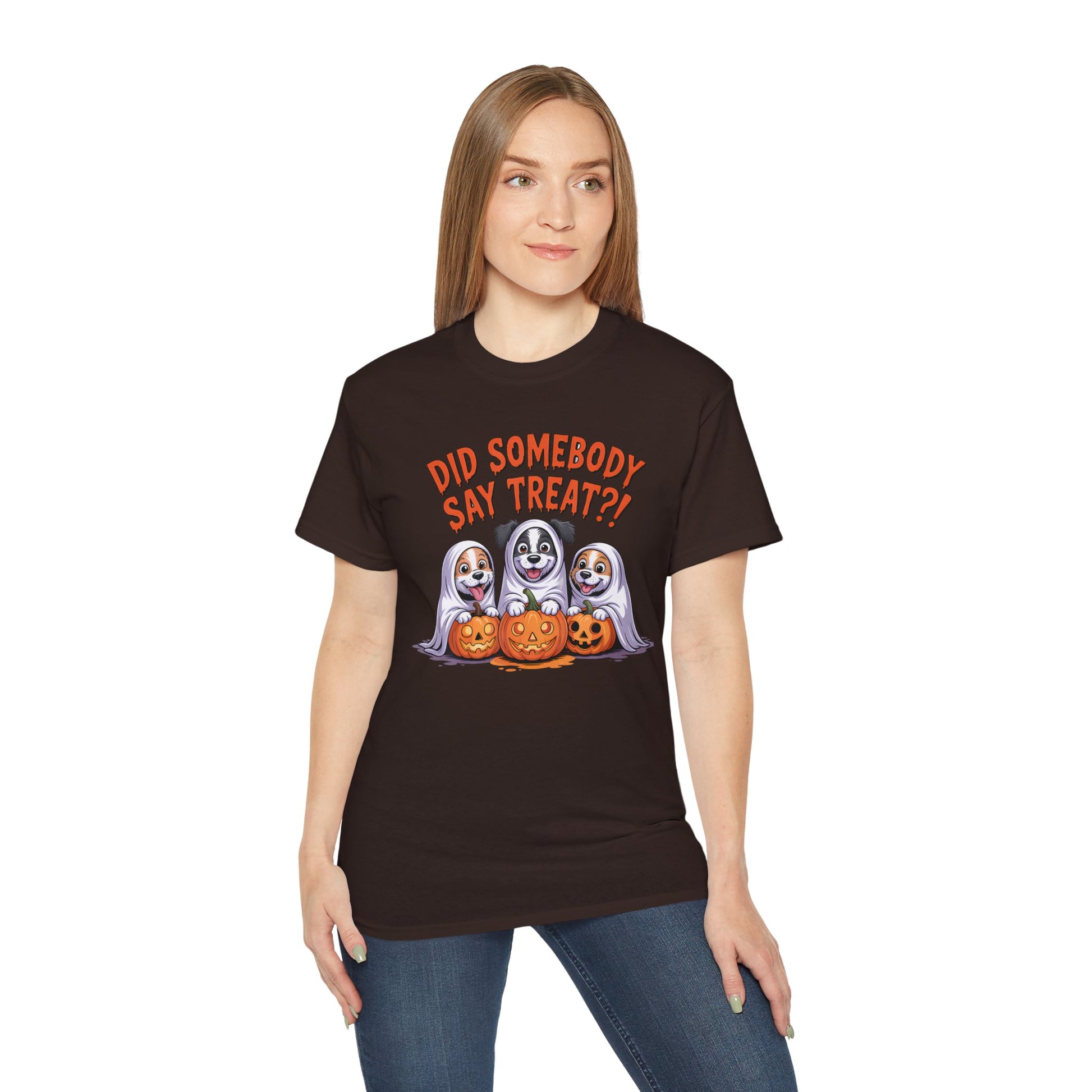 Woman wearing black Spooky Halloween Dog Tee with three dogs as ghosts carved pumpkins and Did Somebody Say Treat text