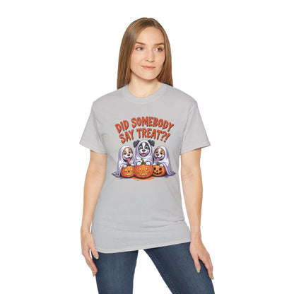Spooky Halloween Dog Tee light gray with three dogs in ghost costumes holding jack o lanterns and treat slogan