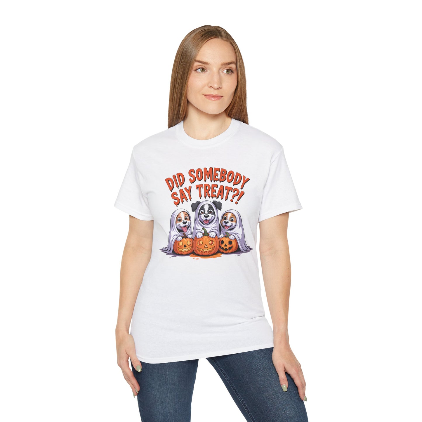 Printify Spooky Halloween Dog Tee on woman model white shirt featuring three dogs in ghost costumes with jack o lanterns