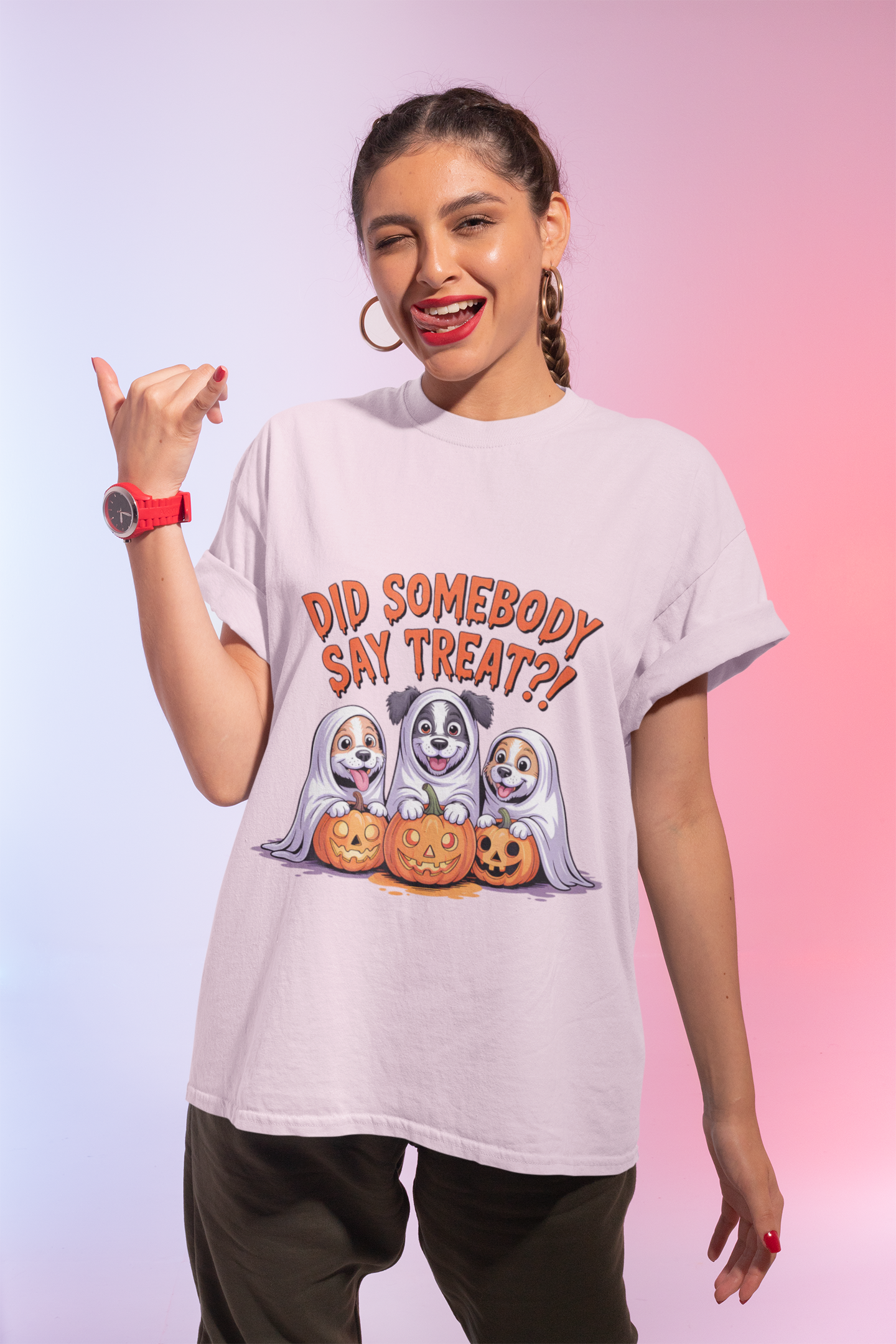 Printify model wearing Spooky Halloween Dog Tee with three ghost dogs and pumpkin jack o lanterns saying Did Somebody Say Treats
