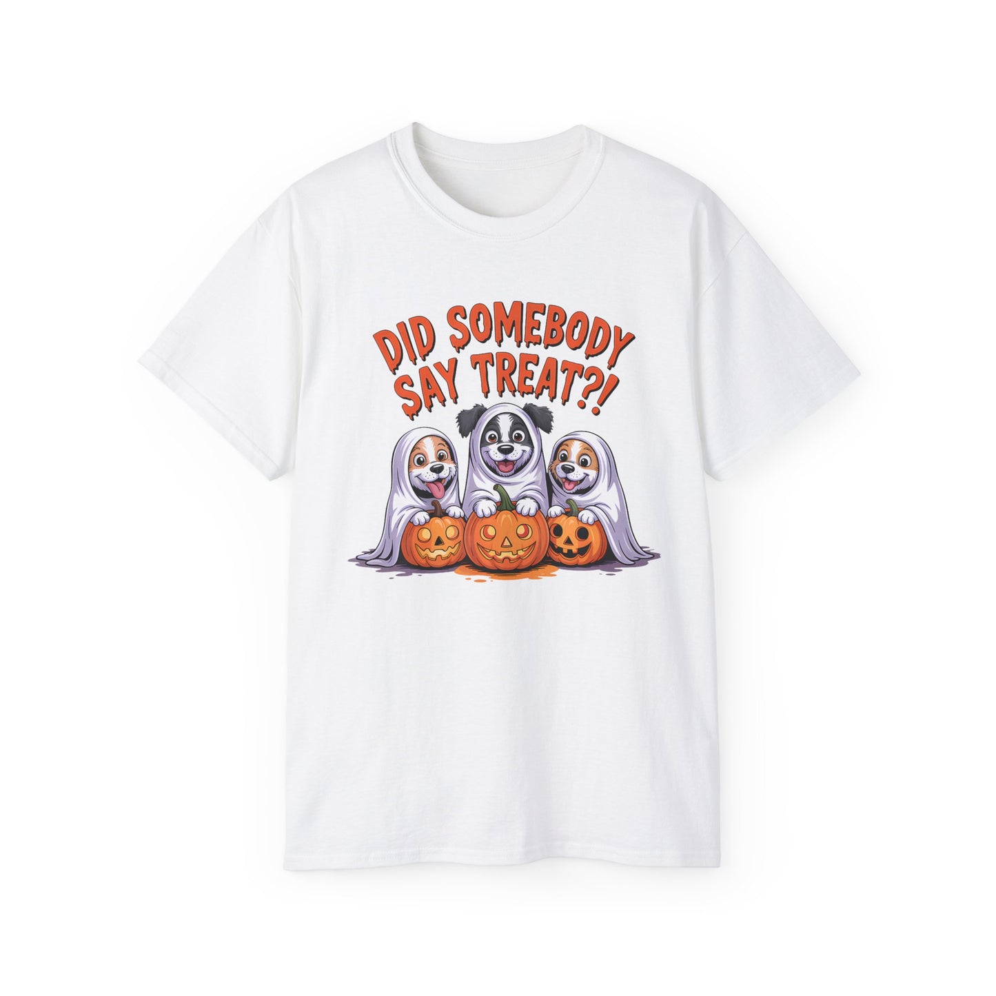White Printify t shirt with three dogs as ghosts and pumpkins Did somebody say treat Spooky Halloween Dog Tee