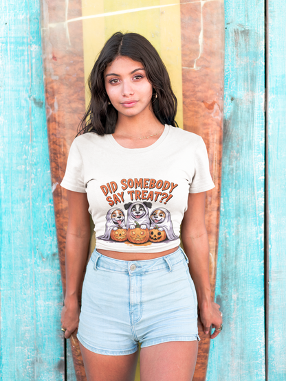 Spooky Halloween Dog Tee on model white cropped T shirt with ghost dogs pumpkins Did somebody say treat print