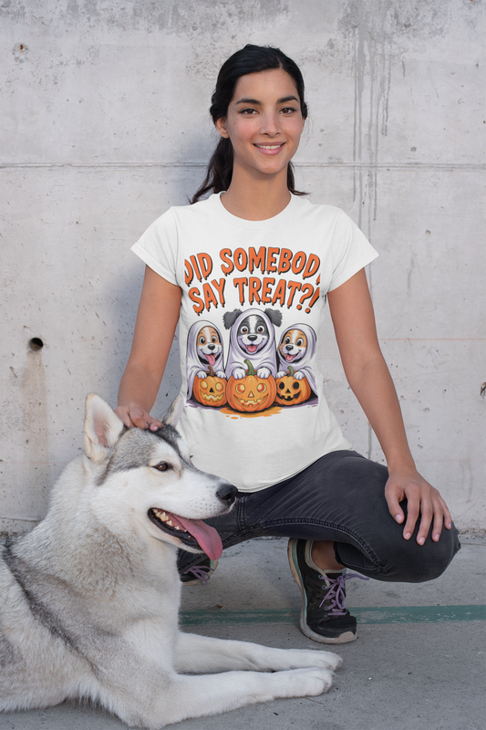 Spooky Halloween Dog Tee worn by smiling woman with husky and cartoon ghost dogs with pumpkins
