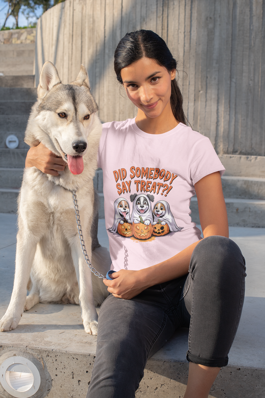 Printify Spooky Halloween Dog Tee in light pink worn by woman sitting with husky on concrete steps