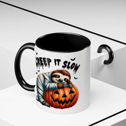 Printify Halloween Sloth Coffee Mug white ceramic with black handle and interior showing mummy sloth hugging jack o lantern