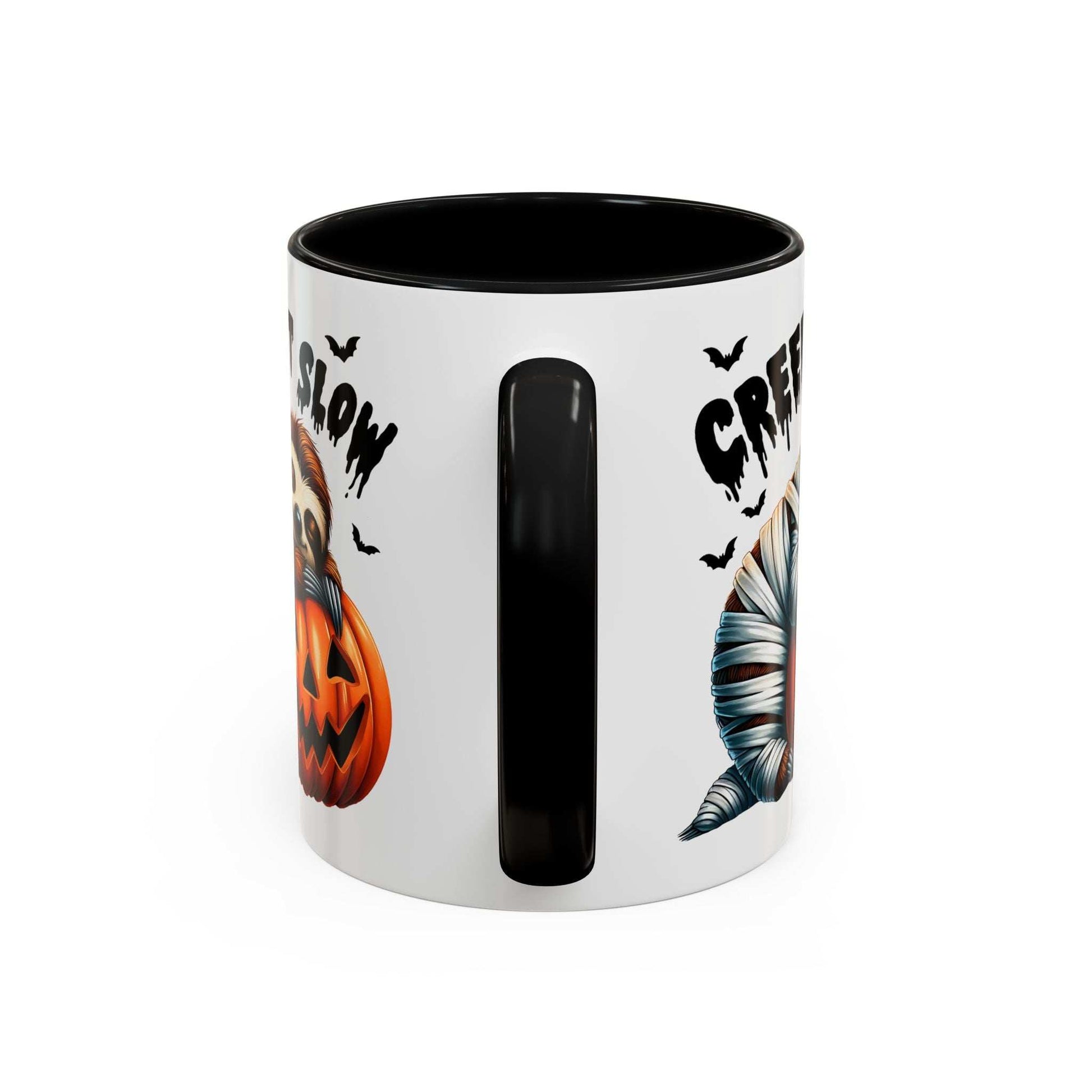 Halloween Sloth Coffee Mug Printify ceramic mug with black handle and interior showing sloth in pumpkin and mummy designs