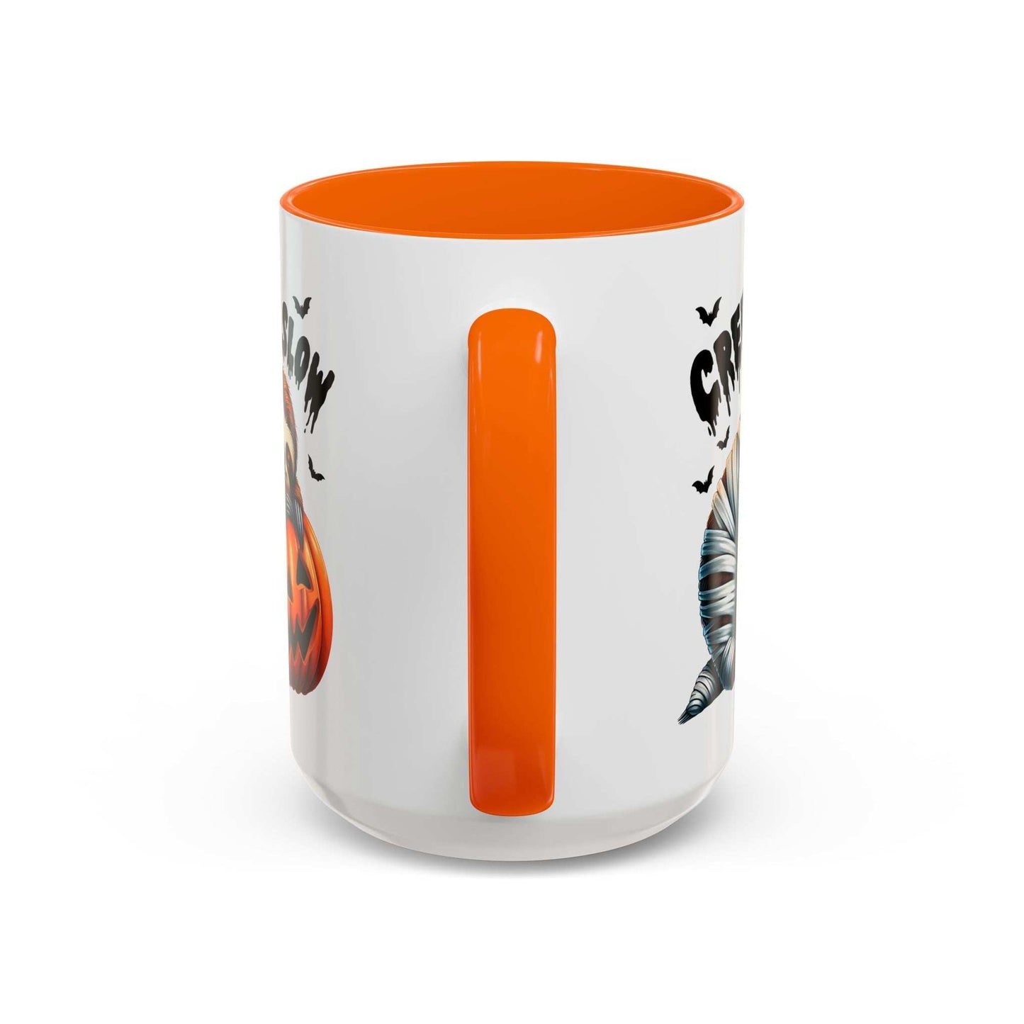 Halloween Sloth Coffee Mug white ceramic with orange handle and interior featuring sloth mummy and pumpkin design