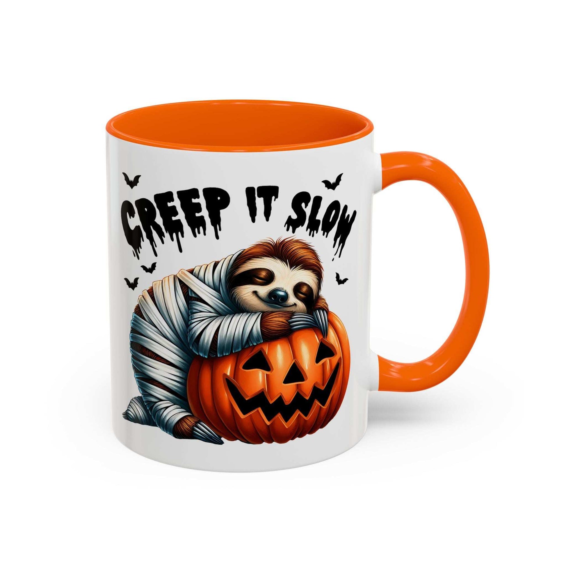 Halloween Sloth Coffee Mug featuring a mummy sloth hugging a jack o lantern with orange interior and handle