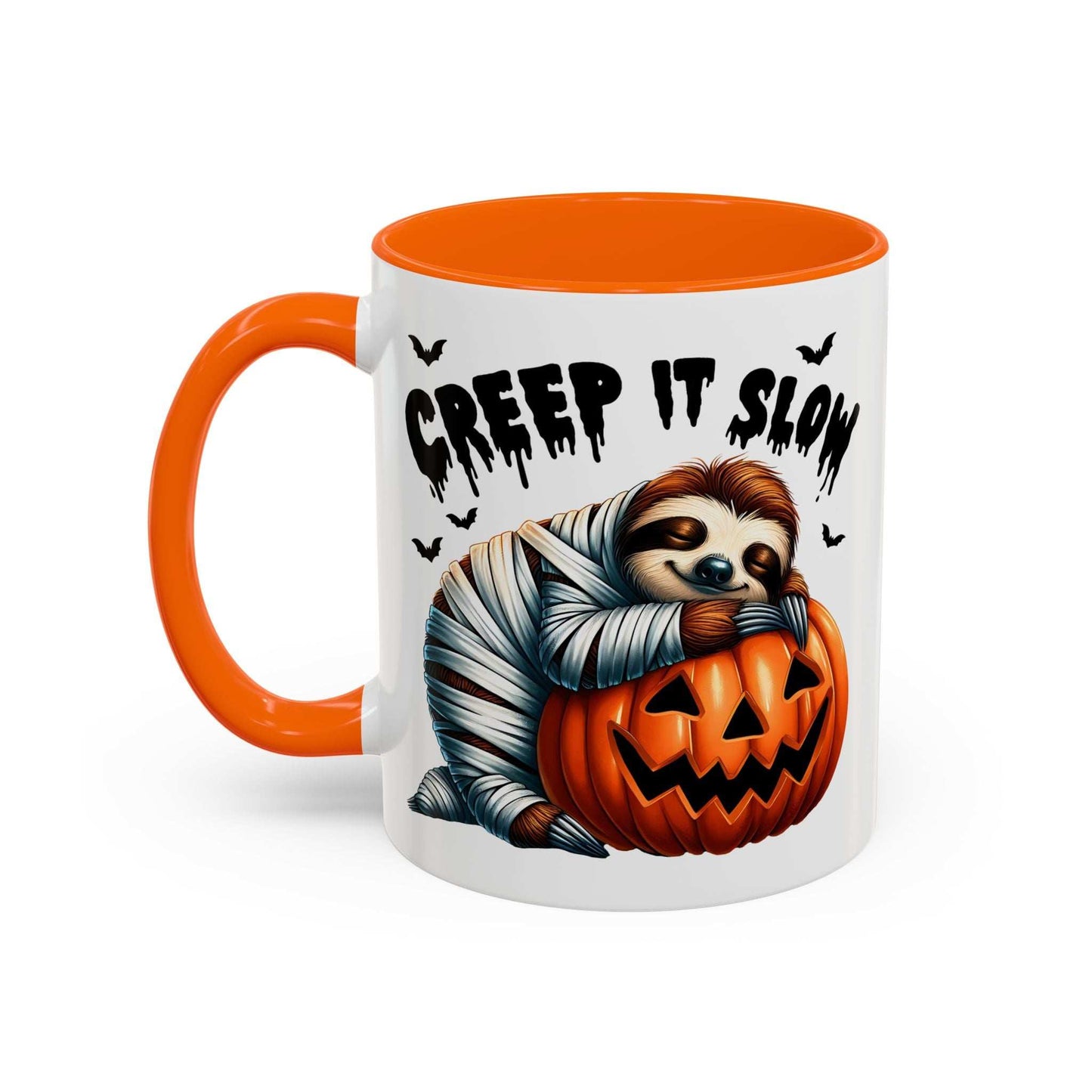 Halloween Sloth Coffee Mug white ceramic with orange handle and interior featuring mummy sloth hugging jack o lantern