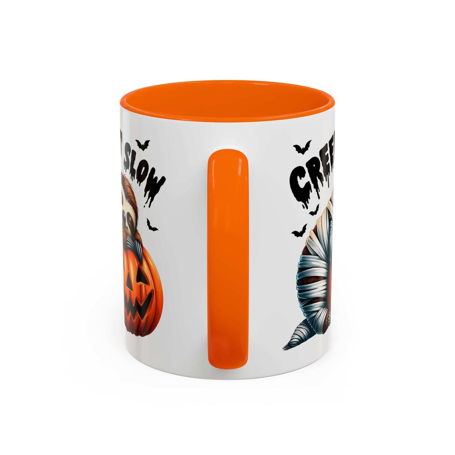 Halloween Sloth Coffee Mug Printify white mug with orange handle and interior featuring sloth jack o lantern and mummy prints