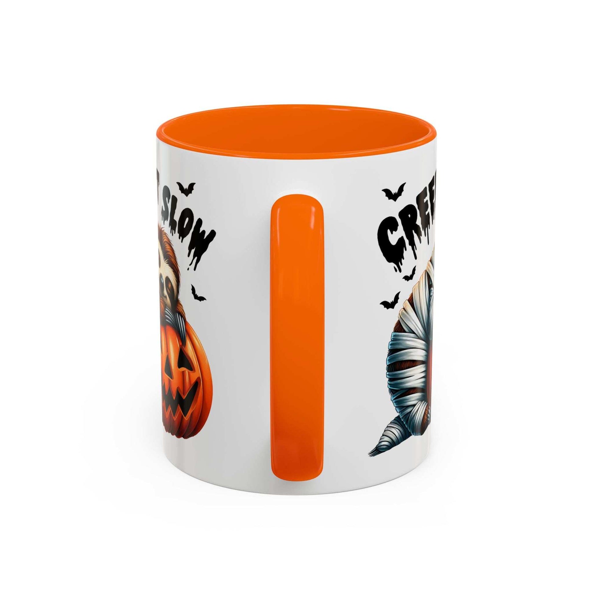 Halloween Sloth Coffee Mug Printify white mug with orange handle and interior featuring sloth jack o lantern and mummy prints
