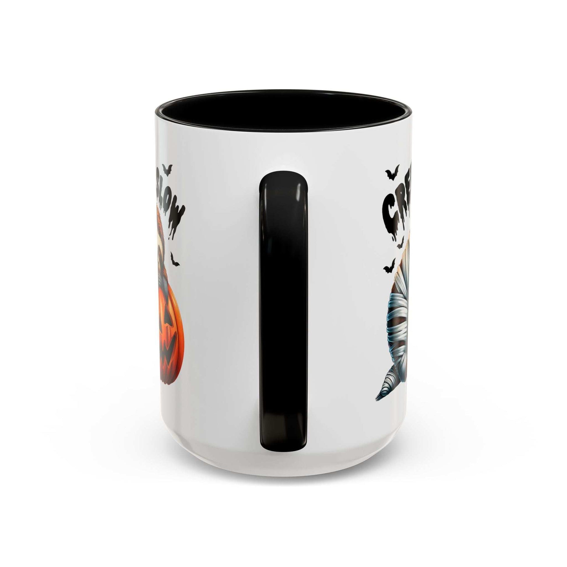 Halloween Sloth Coffee Mug white ceramic with black handle and interior featuring pumpkin and mummy sloth designs