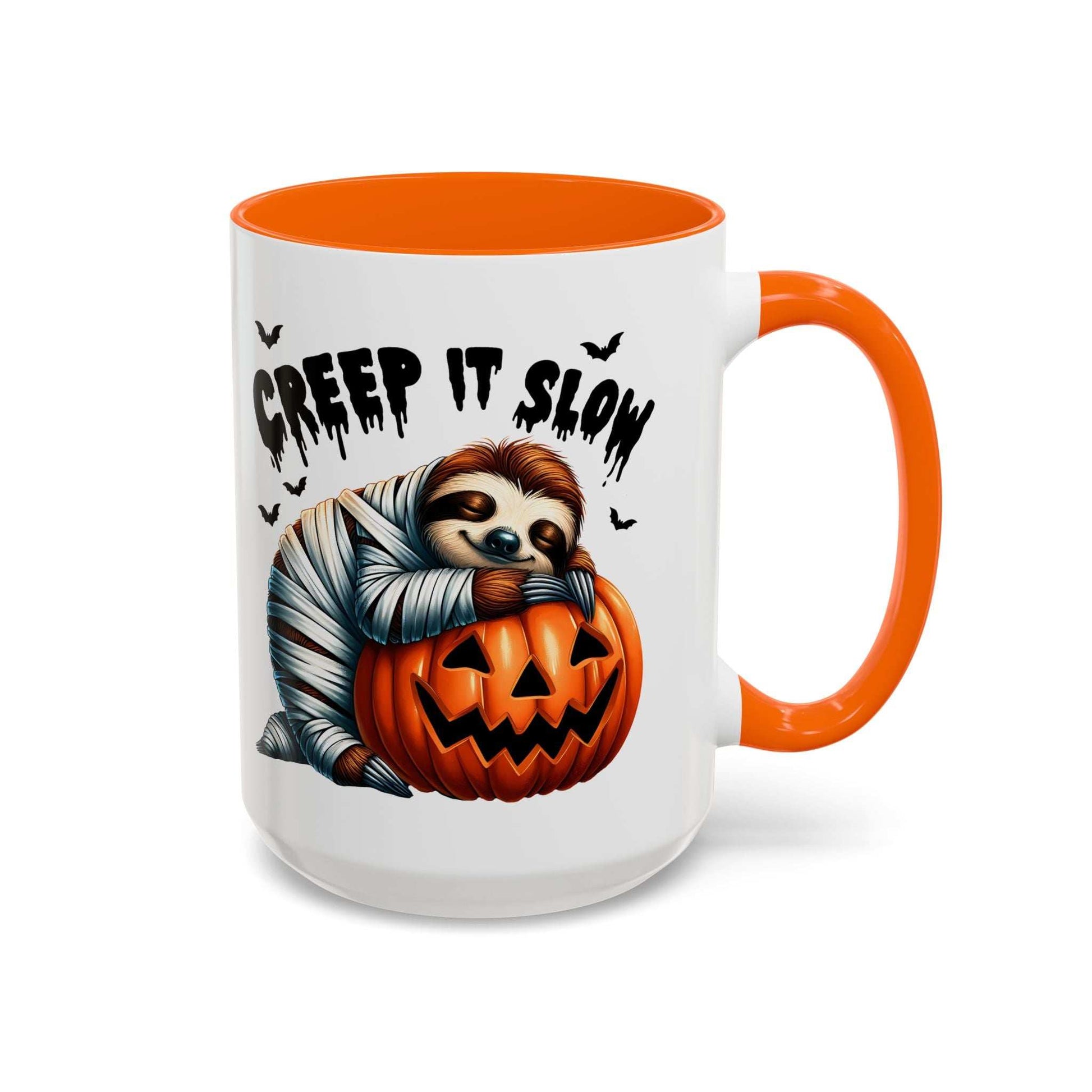 Printify Halloween Sloth Coffee Mug white ceramic with orange handle sloth mummy hugging jack o lantern and Creep It Slow text